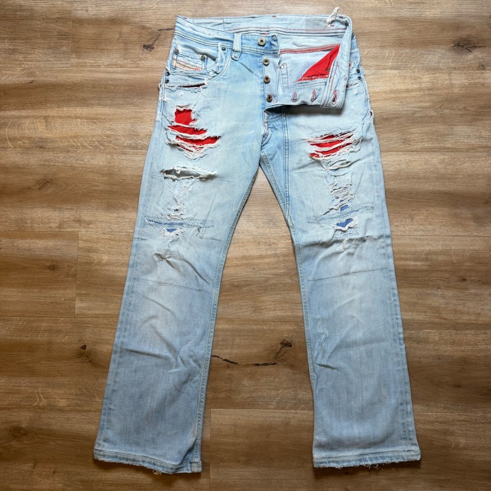 Diesel Lemmen Jeans Mens 28 Light Blue Bootcut Distressed Italy Rockstar Denim